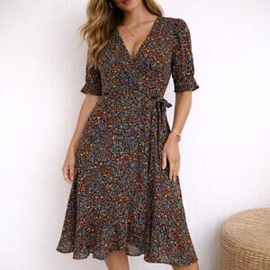 Tommy Hilfiger Black Floral Faux Wrap Midi Dress Sz 4